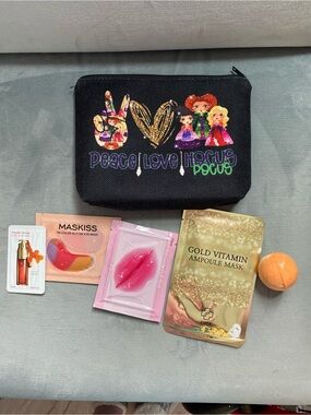 Hocus Pocus Peace Love Black Cosmetic Pouch with Skincare Set NWOT 9x7